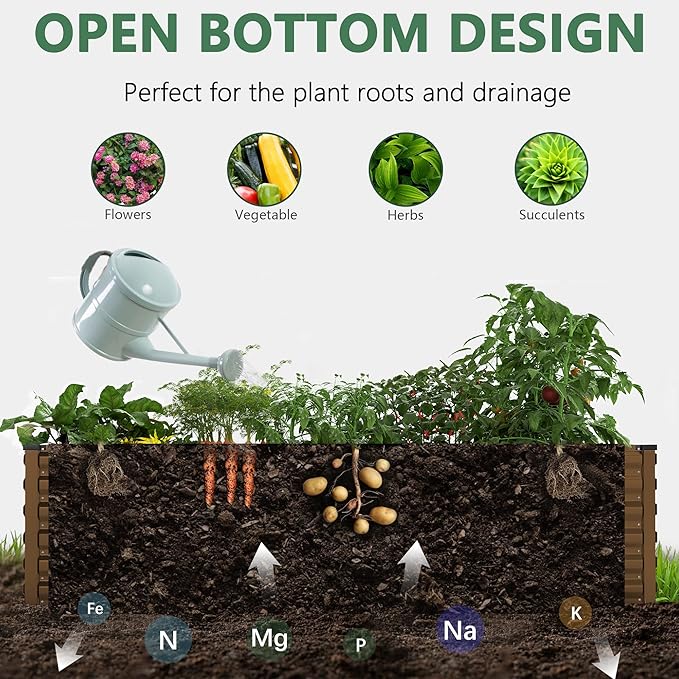 FOOWIN 4pcs 8x4x2ft Galvanized Raised Garden Bed, Planter Raised Garden Boxes Outdoor, Large Metal Raised Beds for Gardening, Garden Bed for Vegetables, Flowers, Herb,478 Gallon Capacity, Brown