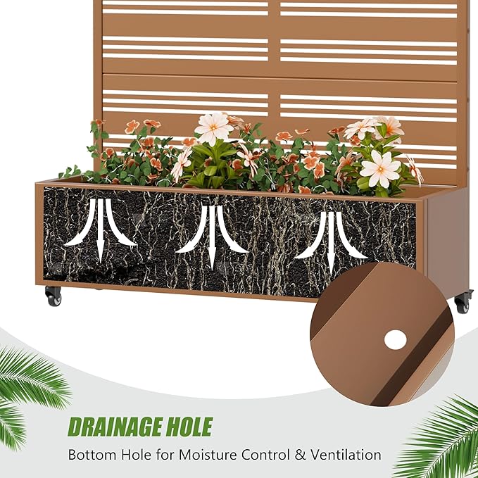 Casaphoria Metal Raised Garden Bed with Trellis and Wheels, 47"x47"x16" Planter Box for Climbing Plants, Vegetables & Vines, Features Drainage Holes and Privacy Screen, Brown-Harold