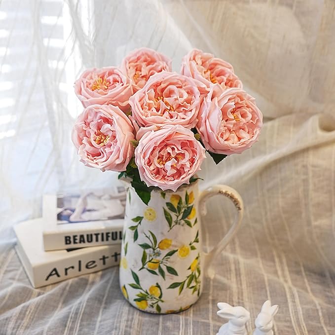 Jahe 6Pcs Fake Austin Flowers David Austin Roses, 17'' Faux Peonies for Flower Arrangements, Home Decor Peony Artificial Flowers, Living Room Decoration Vivid Roses Peonies, Pink