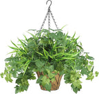 Artificial Hanging Plants with Basket, 5 PCS UV Resistant Fake Outdoor Greenery, Faux Grape Leaves for Home Garden Patio Front Porch Yard Decor