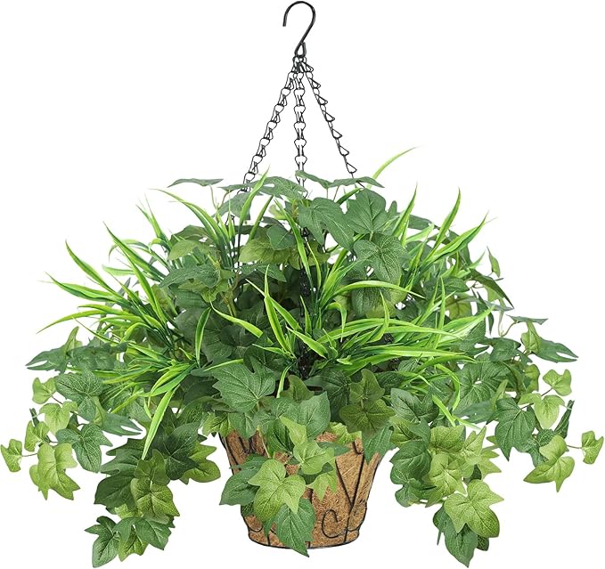Artificial Hanging Plants with Basket, 5 PCS UV Resistant Fake Outdoor Greenery, Faux Grape Leaves for Home Garden Patio Front Porch Yard Decor