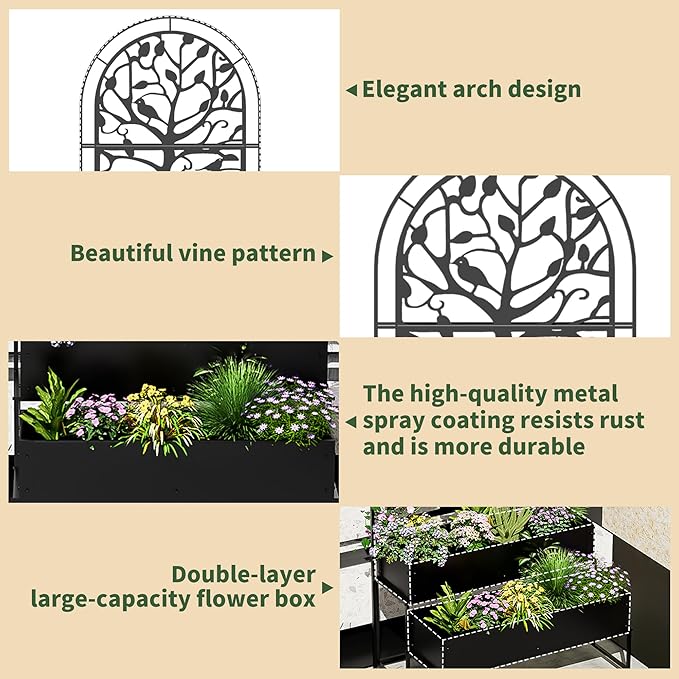 Arched Outdoor Planter Box with Trellis for Climbing Plants, 2 Tiers Metal Privacy Planters for Patio, Tall Raised Garden Bed with Legs, for Vegetables, Fruits, Balcony, 75.2 x 22 x 34.6 Inch, Black
