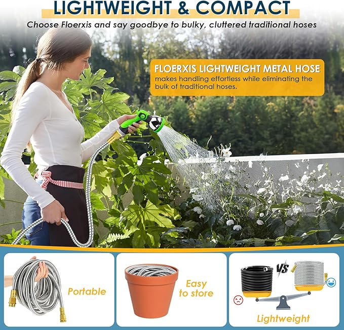 50 FT Stainless Steel Garden Hose with 10-Function Spray Nozzle, Kink-Free Flexible Metal Water Hose, Solid Brass 3/4'' Connectors, Heavy Duty, Durable, Leak-Proof, Lightweight, Tangle-Free