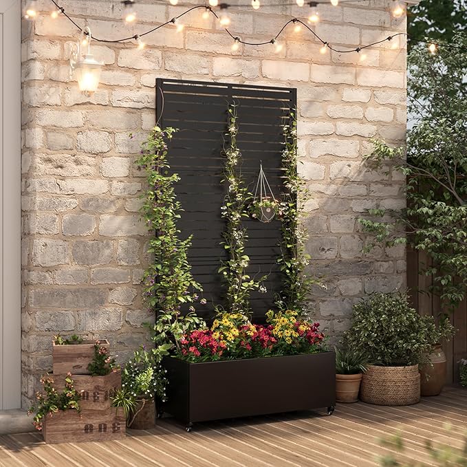 Metal Planter Box with Trellis,72"x35"x15",Galvanized Raised Garden Bed Trellis Outdoor Planter with Privacy Screen & Wheels and Drainage Holes,for Patio Climbing Vegetables,Flowers,Vines,Black