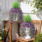 Artificial Hanging Flowers for Outdoors with Wheat Grass, 5 Pcs Fake Hanging Plants for Spring Decor, UV Resistant Faux Silk Flower Greenry for Planter Porch Patio Yard Garden(Double Purple)