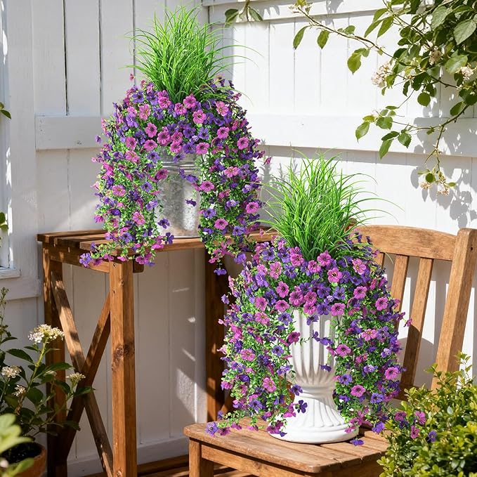 Artificial Hanging Flowers for Outdoors with Wheat Grass, 5 Pcs Fake Hanging Plants for Spring Decor, UV Resistant Faux Silk Flower Greenry for Planter Porch Patio Yard Garden(Double Purple)