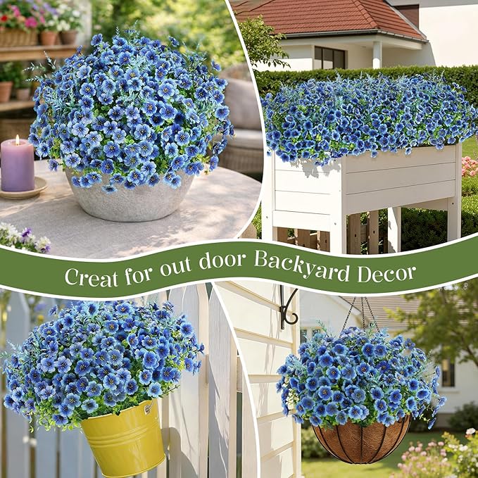 SHareconn 24 Bundles Artificial Flowers for Outdoors Decoration, Faux Plants Fake Silk Colorful Daisy Eucalyptus Lavender, UV Resistant for Outside Home Porch Patio Indoor Spring Decor, Blue