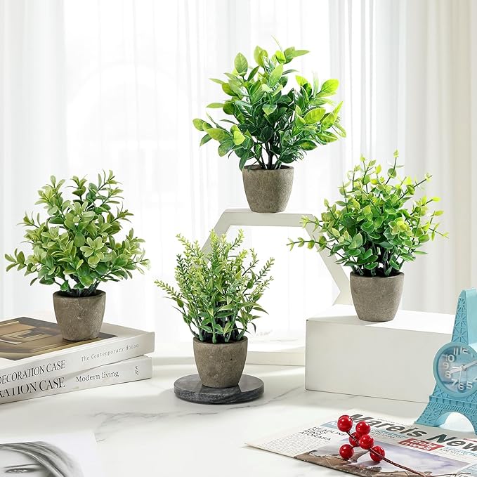 4 Pack Fake Plants Ceramic Mini Artificial Greenery Potted Plants for Home Decor Office Decor Room Decor Farmhouse Decor Indoor Table Bathroom Decor