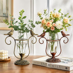 2 Pack Desktop Plant Terrarium,Bird Art Glass Propagation Vase, Propagation Planters with Vintage Metal Frame, Suitable for Decoration of Desktop Hydroponic Plants in Office and Living Room