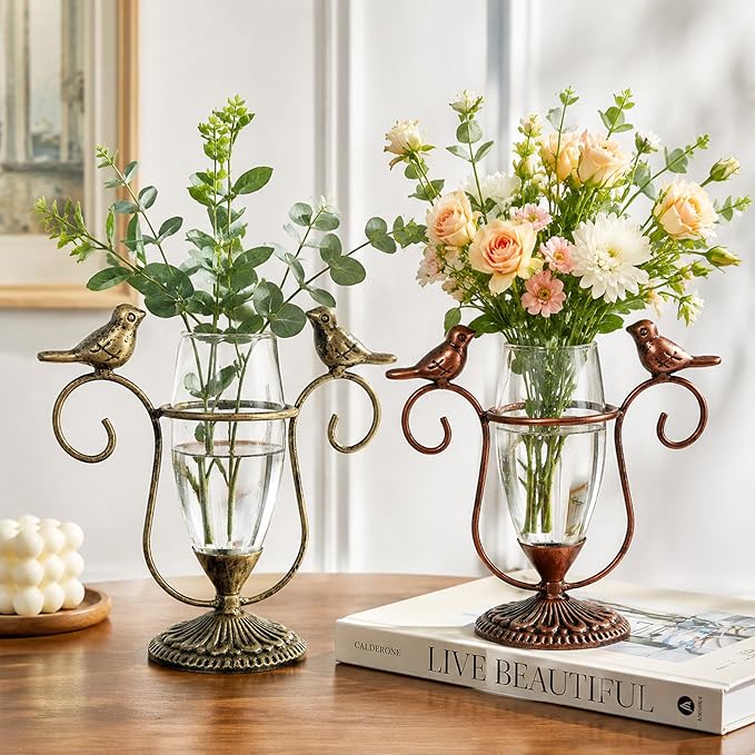 2 Pack Desktop Plant Terrarium,Bird Art Glass Propagation Vase, Propagation Planters with Vintage Metal Frame, Suitable for Decoration of Desktop Hydroponic Plants in Office and Living Room