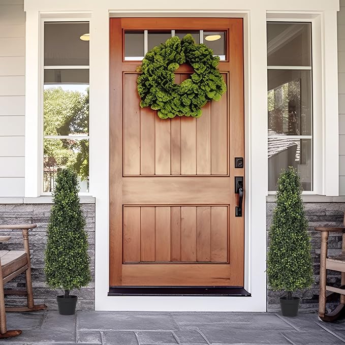 4ft Artificial Boxwood Topiary Trees (Set of 2) - UV Resistant Faux Plants Outdoor, Realistic 48in Fake Potted Bushes and Shrubs for Front Porch, Planter, Patio, Evergreen