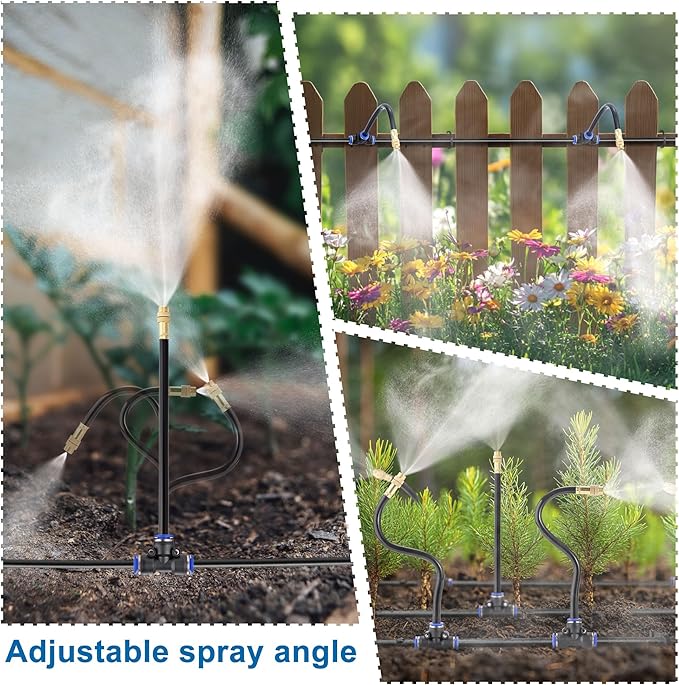 Mornajina Automatic Drip Irrigation Kits Garden Irrigation System, Includes 50FT 5/16 inch Irrigation Tubing Hose & 15Pcs 360° Bending Dropper Atomizing Mist Nozzles Tee for Garden Watering System
