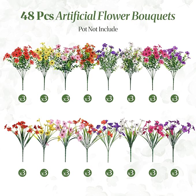 Alupssuc 48 Bundles Artificial Flowers for Outdoors Decoration, UV Resistant Silk Faux Floral Spring Fake Plastic Plants Greenery for Outside Indoor Patio Porch Window Box Home Decor(Upgrade 8 Colors)