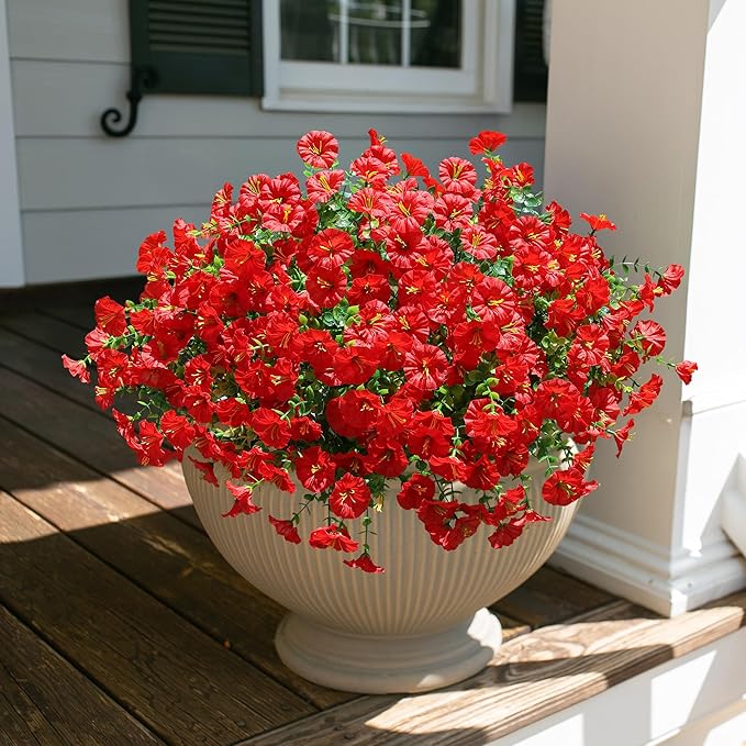 HyeFlora Artificial Flowers for Outdoors Fake Plants Outside Decoration, 12 Bundles Silk Red Morning Glory UV Resistant Look Real Faux Flowers for Planter Front Door Porch Patio Yard Gardens Balcony