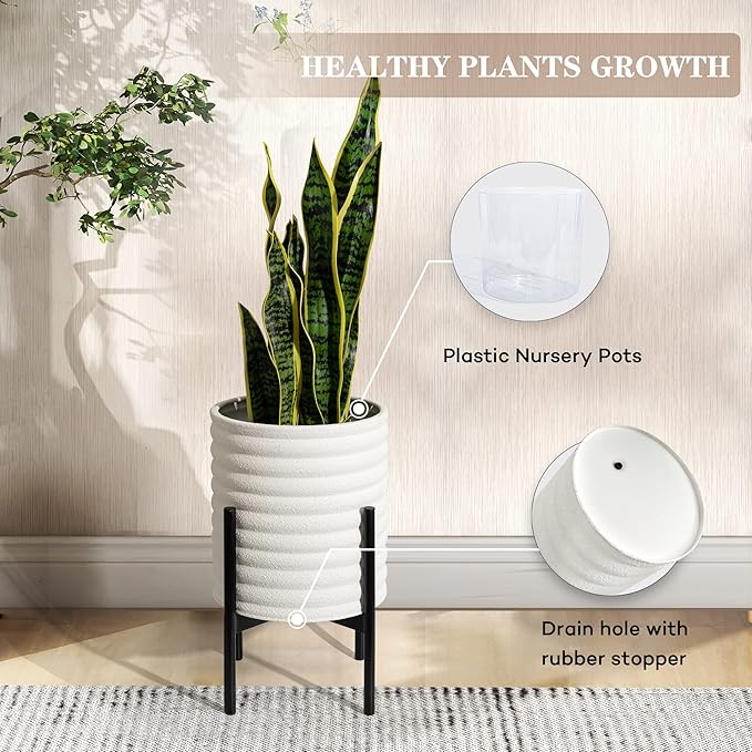 Oakrain Plants Pots with Stand, Set of 2 Indoor Planter Pots, Mid-Century Decorative Metal Flower Pots with Drainage for Living Room, Office, Garden, Balcony, 8"&10", Textured White