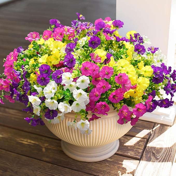 HyeFlora Artificial Flowers for Outdoors Fake Plants Outside Decoration, 12 Bundles Silk Colorful Morning Glory with Eucalyptus UV Resistant Realistic Faux Flowers for Planter Front Door Garden Yard