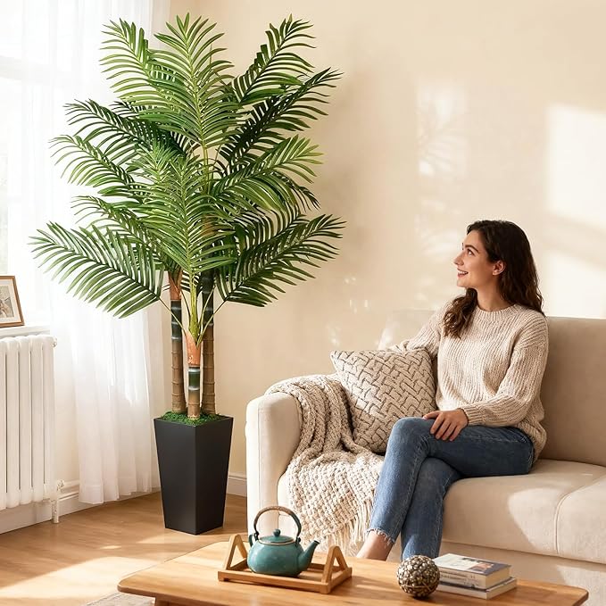 6ft Artificial Palm Tree Indoor Plant，Triple Faux Tropical Areca Floor Plant in Pot，Artificial Plants with Lifelike Leaves for Home Office Decor