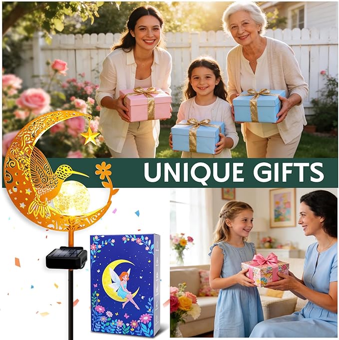 ZNYCYE Solar Garden Decor Outdoor Statue, Moon Fairy Garden Figurines with Hummingbird Design for Mom Women Grandma Solar Stake Lights for Patio, Yard, Lawn, Pathway (Warm White)