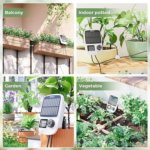 HIRALIY Solar Automatic Drip Irrigation System, Solar Powered Watering Device with Timer for Pots Plants, Pressure Balanced Drippers, with USB Port, for Indoor Irrigation Kit, Includes Battery