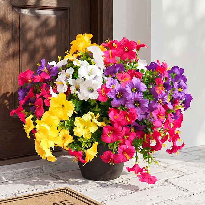 Artificial Flowers for Outdoors Fake Plants Outside Decoration, 12 Bundles Silk Petunia with Eucalyptus UV Resistant Realistic Faux Flowers for Outdoor Planters Garden Balcony (4 Color)