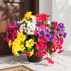 Artificial Flowers for Outdoors Fake Plants Outside Decoration, 12 Bundles Silk Petunia with Eucalyptus UV Resistant Realistic Faux Flowers for Outdoor Planters Garden Balcony (4 Color)