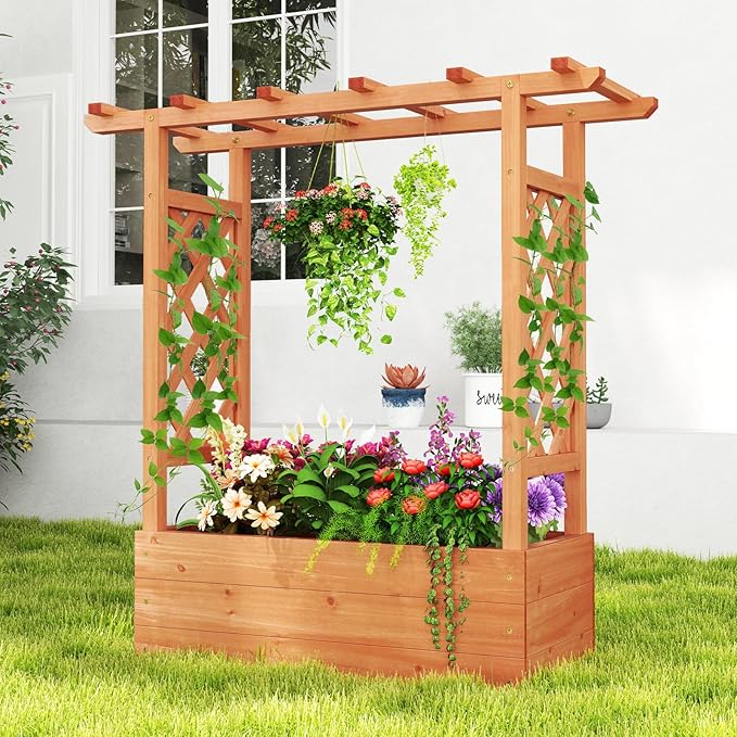 HAPPYGRILL Raised Garden Bed with Trellis, 2 Pack Freestanding Wood Planter Box w/Hanging Roof & 4 Drainage Holes for Vine Climbing Plants Flowers, Outdoor Planter with Trellis for Garden Patio Yard