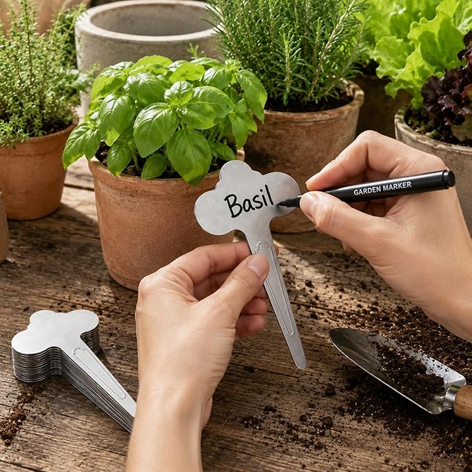 30 Pack Metal Plant Labels 6-1/2" x 3-1/2" Stainless Steel Outdoor Reusable Nursery Plant Name Tags Waterproof Garden Seed Labels Makers for Flowers Vegetable Pots Seedlings Herbs