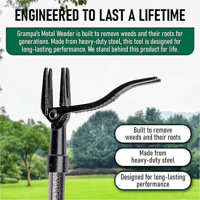 Grampa's Metal Weeder - Stand Up Weed Puller Tool with Steel Long Handle - Made with All Steel Handle & 4-Claw Steel Head - Easily Remove Weeds Without Bending, Pulling, or Kneeling (Black)