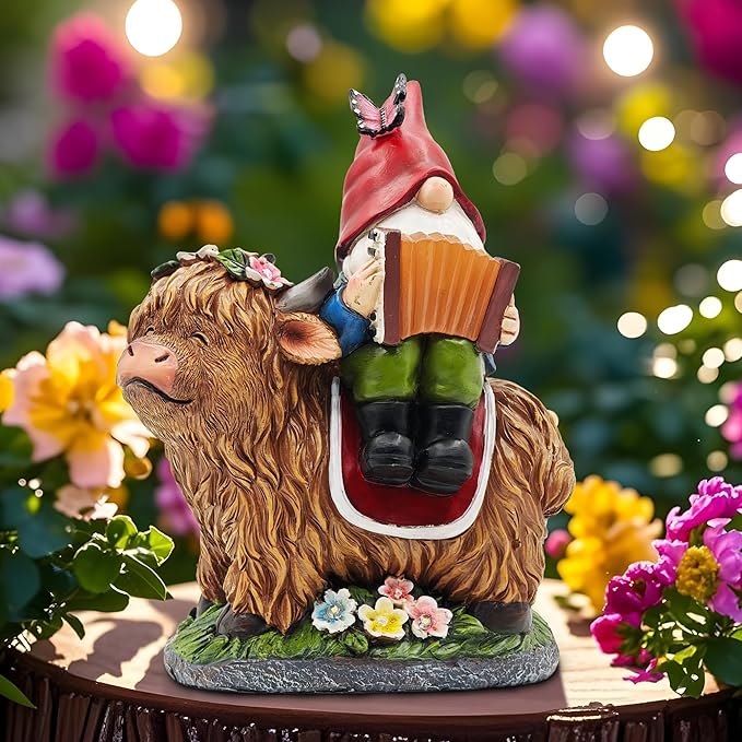 Garden Gnomes Outdoor Statues: 8'' Solar Light Gnome Decor on Highland Cow Play The Accordion Unique Birthday Gifts for Women Mother Grandma