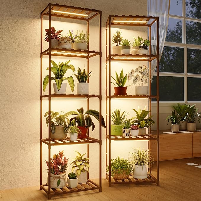 Bamworld Plant Stands with Grow Lights Sets of 2 Tall Plant Shelves for Mutiple Pots Large Plant Holder for Living Room Patio Boho Home Decor for Gardening Warm Light 2pcs
