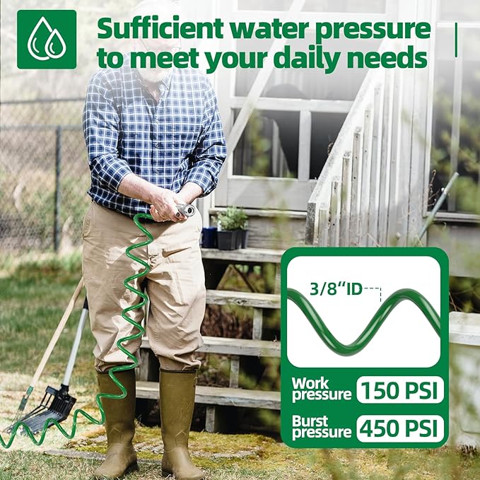 SPECILITE 3/8" Lightweight Coil Garden Hose 50 FT, EVA Flexible Curly Water Pipes with 6-Pattern Spray Nozzle for Boat, Greenhouse, Yard, Patio, Green