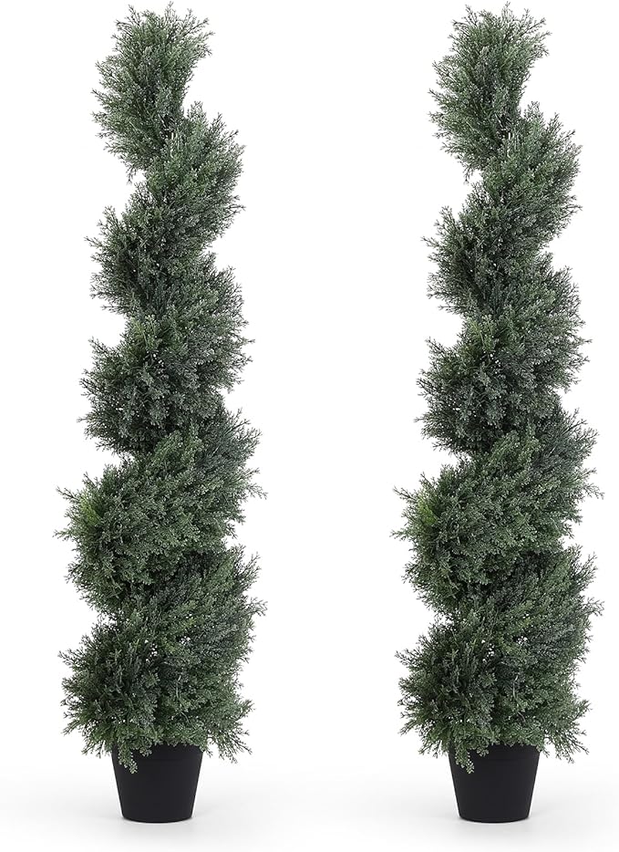 THE BLOOM TIMES 4ft Tall Spiral Artificial Topiary Trees Set of 2, 48 inch Large Faux Cedar Trees for Outdoor Planters, Fake Cypress Plants for Garden Front Porch Indoor Outside Christmas Decor 4 Foot
