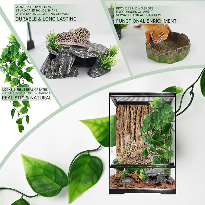 5-in-1 Leopard Gecko Tank Starter Kit, Hide Cave, Seagrass Hammock, Climbing Vine, Tweezers & Dish - 10-20 Gal | Fits Leopard/Crested Geckos, Harmit Crabs, Juvenile Tortoises (Tank Not Included)