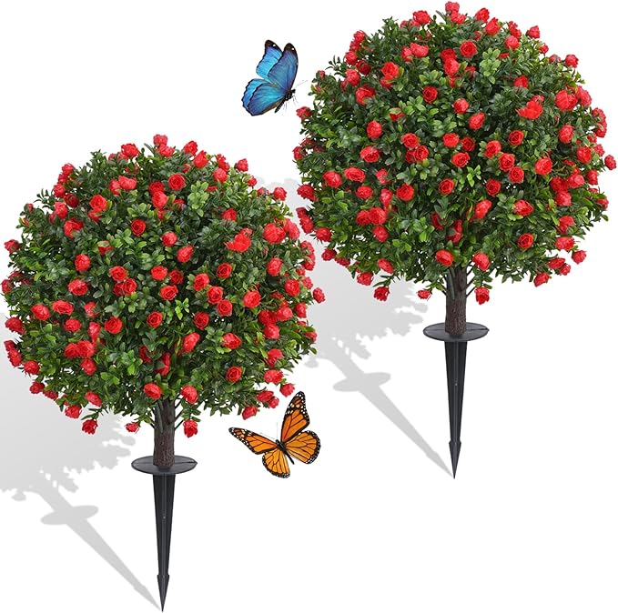 Dense Red Rose Artificial Topiary Ball Trees 24 Inch, Set of 2 Fake Plants with Ground Spike, UV Resistant No Fade Outdoor Faux Shrubs for Spring Garden, Patio, Porch, Yard, Indoor Decor