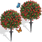 Dense Red Rose Artificial Topiary Ball Trees 24 Inch, Set of 2 Fake Plants with Ground Spike, UV Resistant No Fade Outdoor Faux Shrubs for Spring Garden, Patio, Porch, Yard, Indoor Decor
