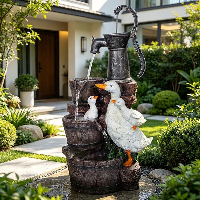 29.1" H Duck Outdoor Fountain with LED, Cascading Waterfall Garden Fountain, Freestanding Water Feature for Patio, Yard, Lawn, Deck and Home Decor
