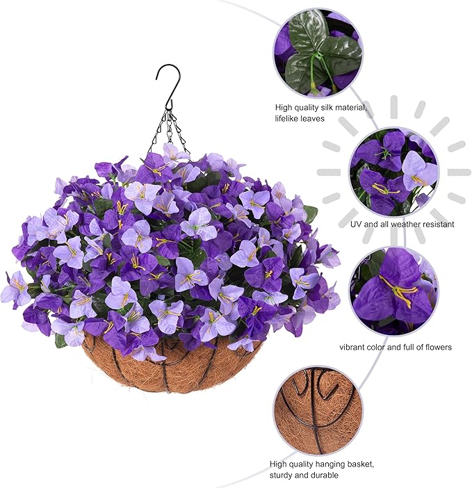 Artificial Hanging Flowers Plant with Basket for Outdoors, Silk Bougainvillea in Planters Faux Hanging Plants for Outdoor Look Real UV Resistant Flower for Outside Porch Patio Garden Home Decor, Mix