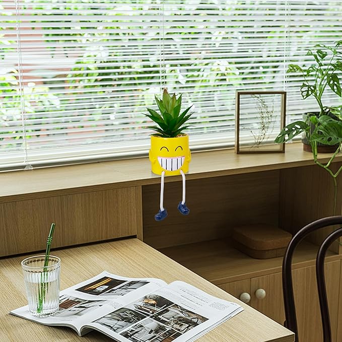 Fake Plants Small Potted Succulents with Yellow Pot, Creative Artificial Succulent Plants in Hanging Leg Fun Pot, Mini Vibrant Faux Plant for Home Office Desk Decor and Gift Choice