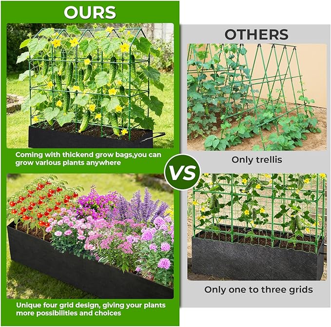 Large Cucumber Trellis for Climbing Plants Outdoor with Grow Bag,67" Tall Metal U-Frame Plant Trellis for Cucumber with Garden Netting and Plant Clip Plant Ties for Vegetables Tomatoes Squash Pea