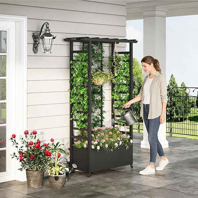 Raised Garden Bed with Trellis & Hanging Roof, Weatherproof Metal Planter Box with Wheels, Garden Arch Trellis for Outdoor Climbing Plants Vines Flowers, 74" H x 44" L x 17" W, Black