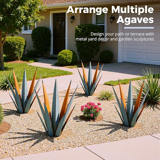 24” Large Metal Agave Plants Outdoor Decor, Vintage Blue Tequila Rustic Sculpture Outdoor Statues, Agave Metal Plants for Yard Garden Lawn Ornaments，Artisan Metal Agave Landscape Decor