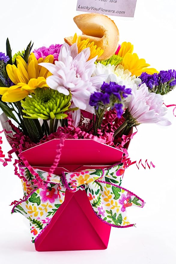 Summer Time Fresh Cut Live Flowers Arranged in a Takeout Container with Your Personal Message Tucked Inside a Fortune Cookie