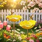 Metal Flower Garden Stakes Bird Bath, Decorative Outdoor Bird Feeder for Garden Yard Art, Handmade Rustproof Metal Flower Stakes for Attracting Birds Backyard Lawn Patio Decorations (Yellow-2pcs)