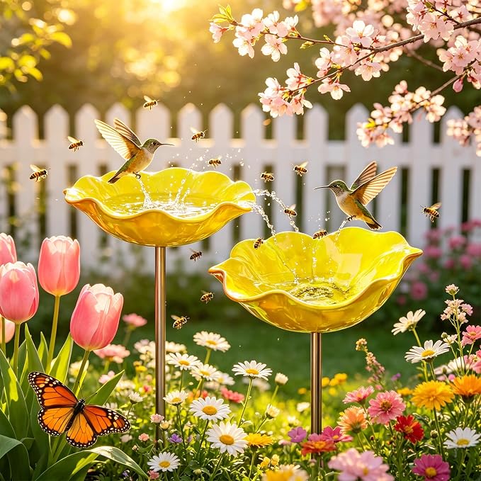 Metal Flower Garden Stakes Bird Bath, Decorative Outdoor Bird Feeder for Garden Yard Art, Handmade Rustproof Metal Flower Stakes for Attracting Birds Backyard Lawn Patio Decorations (Yellow-2pcs)
