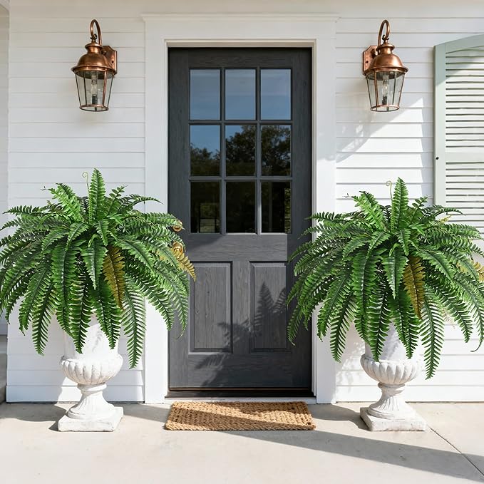 4PCS 45in Fake Ferns- Outdoor Faux Plants, Large UV Resistant Artificial Ferns for Outdoors, Weatherproof Faux Boston Fern Realistic Fake Artificial Plant for Porch Home Garden Patio Hanging Decor