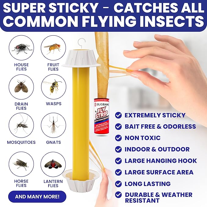 Fly Stick Sticky Fly Traps for Indoors Outdoor 4pk with 12 Ribbons. Non-Toxic Super Sticky Hanging Flies Catcher Paper Tape Strips for Home