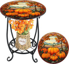 Outdoor Side Table Round Small Mosaic Patio Accent Indoor End Plant Coffee Tea Table for Yard Patio Porch Garden Living Room, Bedroom(Pumpkin Style,14 Inch)
