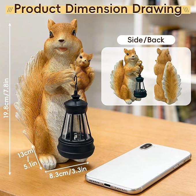 Solar Garden Statues, Cute Smiling Animal Outdoor Decor with 8 Bright LED Lights for Patio Yard Balcony Perfect Mother‘s Day Birthday Housewarming Garden Gift (Orange White Squirrel)