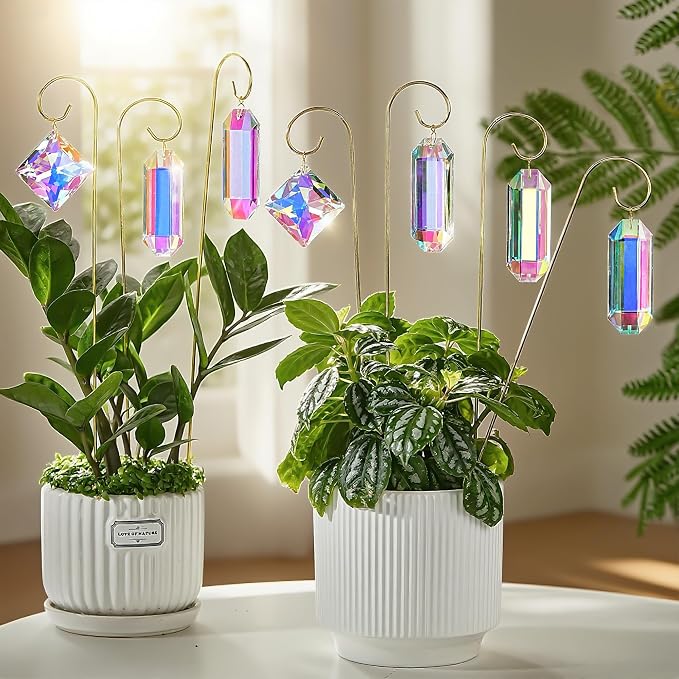 H&D HYALINE & DORA 7 Pack AB Colored Crystal Suncatcher Small Trellis Golden Plant Stake for Potted Plants Indoor Decoration 13.7 Inch