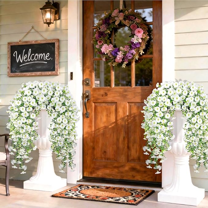 Artificial Hanging Flowers for Outdoors, 4 PCS 600 Blooms UV Resistant Morning Glory Faux Silk Vines, No-Odor Realistic Fake Plants for Garden Planter Porch Patio Decoration, White